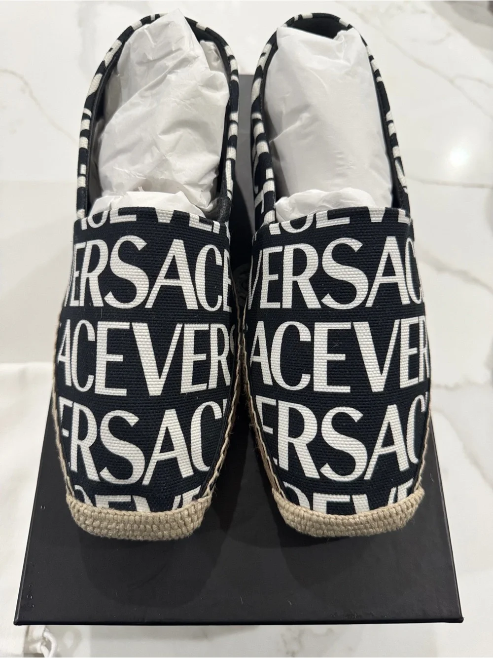 Versace Black and White Logo Espadrille Flats
